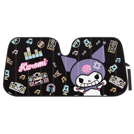 Kuromi Car Seat Covers, Car Floor Mats, Steering Wheel Cover, Windshield Sun Shade Gift Pack with Air Freshener Black and Purple Hello Kitty Accessories for Women 9pc Combo