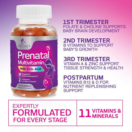 Folic Acid Prenatal Gummy for Women - Prenatal Vitamin Gummies With Folate - Pregnancy Support Supplement with Vitamins C, D3, B6, B12 & Omega 3 Prenatal Multivitamin, Non-GMO - 120 Gummies