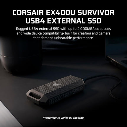 Corsair EX400U SURVIVOR 2TB USB4 External SSD – Up to 4000 MB/s, IP55 Rugged Drive, Plug & Play for PC, Mac & iPad – Black