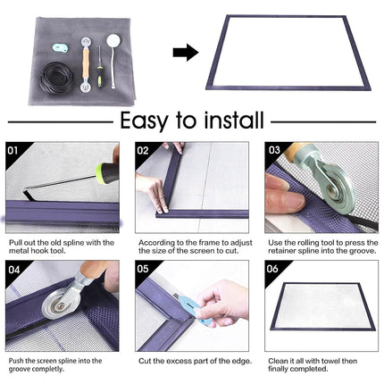 Windows Screen and Screen Door Repair Kit - 48"x118" Fiberglass Mesh Gray with Rolling Tool/Hook/Ruler/Cutter/Spline - Window Screen & Sliding Screen Door Replacement for Windows, TOOLTRIZ