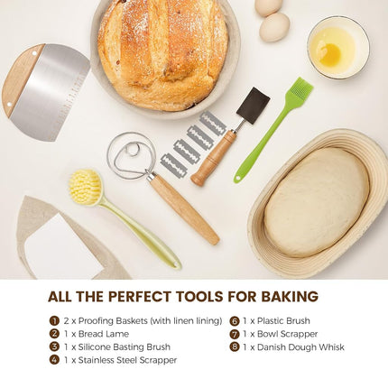 Ensemble de 2 paniers à pâte levée artisanale – Kit de paniers banneton avec rond de 23 cm et ovale de 25 cm, 6 accessoires pour la cuisson du pain