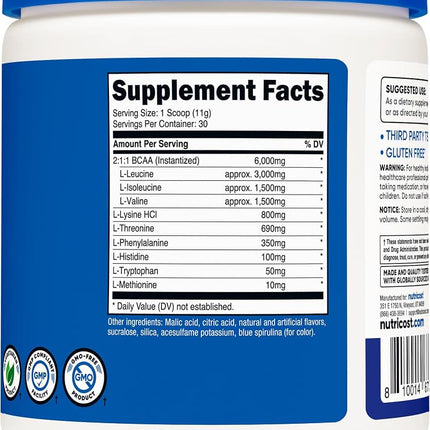 Nutricost EAA Powder 30 Servings (Blue Raspberry) - Essential Amino Acids - Non-GMO, Gluten Free, Vegetarian Friendly