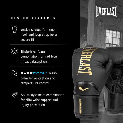 Everlast Elite 2 Boxing Gloves (Black/Gold, 8oz)