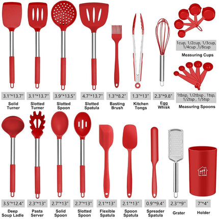 AILUKI Silicone Cooking Utensil Set, Kitchen Utensils 14 Pcs Cooking Utensils Set,Non-Stick Heat Resistant Silicone,Cookware with Stainless Steel Handle - Red