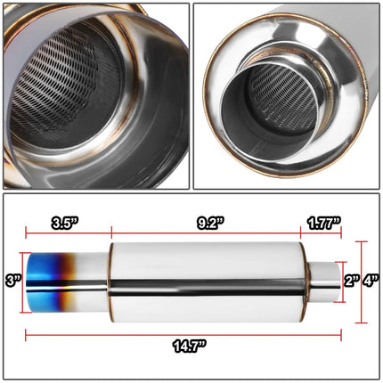 DNA MOTORING EXA-MF-001-T2 Stainless Steel Straight Through Exhaust Muffler Universal, 3" Outlet, 2" Inlet,Burnt Tip