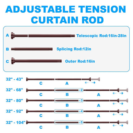 TEECK Shower Curtain Rod, 32-104 inch Adjustable Spring Tension Curtain Rod, Never Rust Anti-Slip Shower Curtain Rod for Bathroom, No Drilling, Never Collapse, Easy to Use, Brown