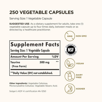 Solgar Taurine 500 mg Vegetable Capsules 250ct