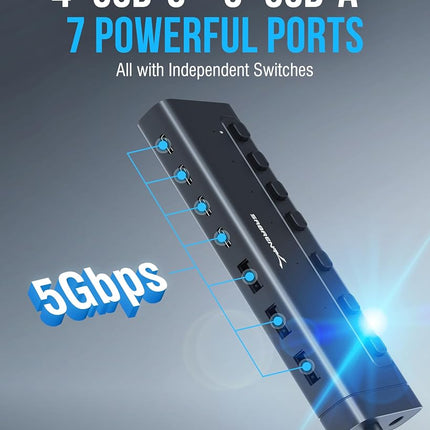 SABRENT Powered USB Hub, USB Hub Powered Docking Station USB Splitter, 7-Port 48W Powered USB C Hub with Switches (HB-3A4C)