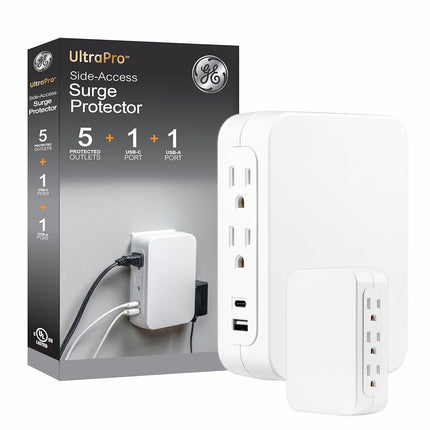 GE USB C 5 Outlet Extender, Side-Access, Wall Tap Surge Protector, Multi-Plug, USB A, 3-Prong, Secure Install, White, 83503