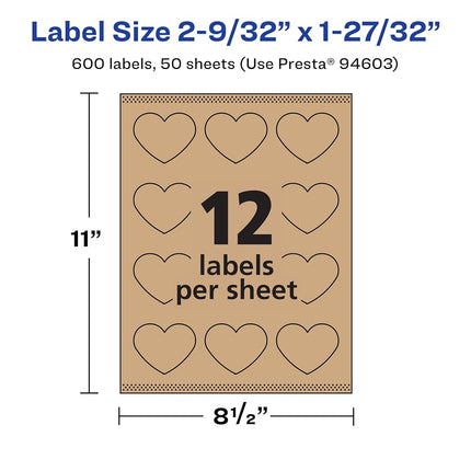 Avery Etiquetas Kraft Corazón Marrón con Sure Feed, 2-9/32" x 1-27/32", 600 Etiquetas Kraft Marrón, Impresión hasta el borde, Etiquetas Imprimibles Láser/Inyección de Tinta