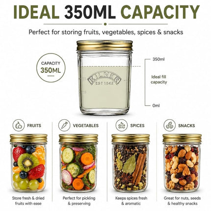 Kilner Wide Mouth Preserve Jar 0.35L (350ml) Glass Storage Jar with Vacuum Seal Lid Ideal for Preserving Whole Fruits Vegetables Pickles Jams