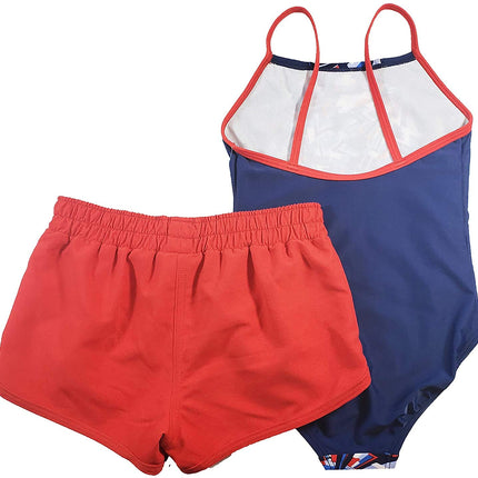 Speedo Girls Thin Strap One Piece Suit and Shorts Set (Red White Blue, X-Small)