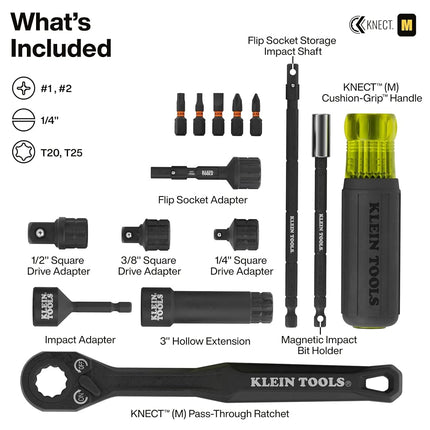 Klein Tools 65500KNECT KNECT Impact Socket Set, SAE and Metric Pass Through Socket Set, 90-Tooth Ratchet, MODbox Case, SAE, Metric, Screwdriver Handle, Bits, 39-Piece