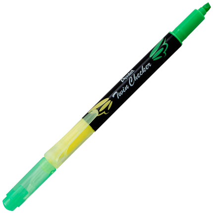 Pentel Twin Checker - Marcador fluorescente de doble punta, punta biselada, tinta amarilla/verde, paquete de 12 (SLW8-GK)