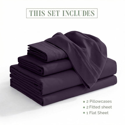 Elegant Comfort Luxurious 1500 Premium Hotel Quality Microfiber Three Line Embroidered Softest 5-Piece Bed Sheet Set, Wrinkle and Fade Resistant, Split King, Purple