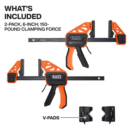 Klein Tools 47550 Bar Clamp, Speed-Klamp 6-Inch, Clamp/Spreader 2-Pack, 150-Pound Clamping Force, One-Handed-Operation for Woodworking and Metal Projects