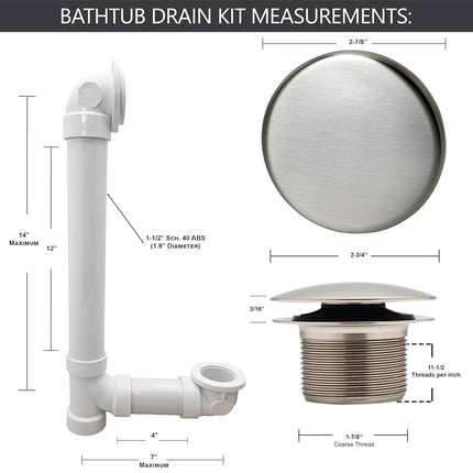 Westbrass 493244H-4-07 12" & 4" Bath Waste & Overflow Assembly with Tip-Toe Drain Plug and Illusionary Faceplate-SCH. 40 PVC Pipe, Satin Nickel