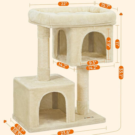 Feandrea Cat Tree Tower, 84 cm, L, Condo for Large Cats up to 16 lb, Large Perch, 2 Caves, Scratching Post, Beige UPCT61M