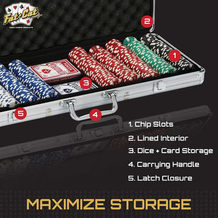 Fat Cat by GLD Products 11.5 Gram Texas Hold 'em Claytec Poker Chip Set with Aluminum Case, 500 Striped Dice Chips, 24.25 Inch