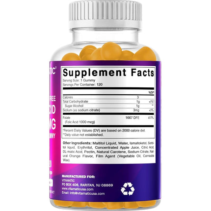 Vitamatic Sugar Free Folic Acid 1 mg Gummies 120 Count Orange Flavor