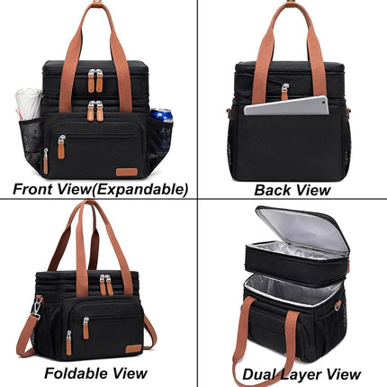 Weitars Lunch Bag for Women Men-Dual Compartment Large Lunch Box for Men Adult Lunch Box for Nurse Office Working Picnic Hiking (15L, Black/Kahki)
