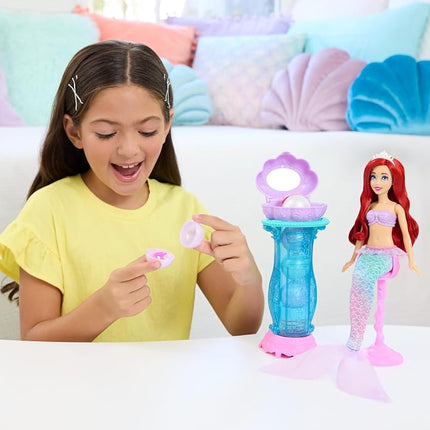 Mattel Disney Princess Toys, Mermaid Arielle Fashion Doll with Removable Tail Fin, Dressing Table with 5 Repeatable Pop-Up Surprises and 5 Accessories, JBF86