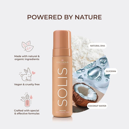 COCOSOLIS SOLIS Medium self-tanning lotion for face and body, mousse for a rich, natural and long-lasting tan, with plant-based DHA (200 ml)