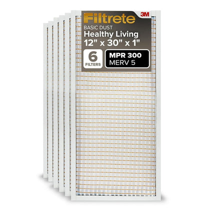 Filtrete 12 x 30 x 1 Air Filter, MPR 300, MERV 5, Clean Living Basic Dust 3 Months Pleated 1 Inch Air Filter, 6 Filters