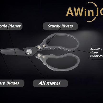 AWinjoy Heavy Duty Sharp Kitchen Scissors, Stainless Steel, Ambidextrous, Dishwasher Safe, Black