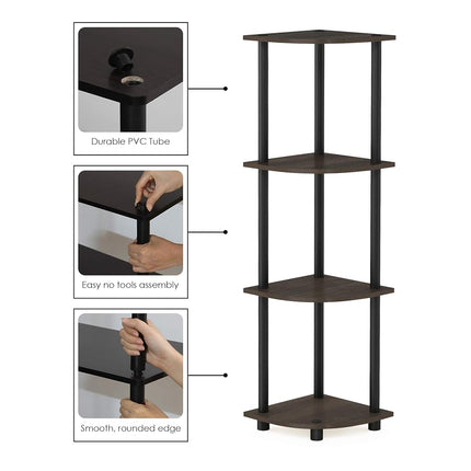 Furinno TURN-N-TUBE Corner Shelf, 4-Tier Corner Bookshelf, Display Storage Shelves with Open Shelves, for Organization and Storage, Living Room, Home Office, Garage, Dark Brown Grain