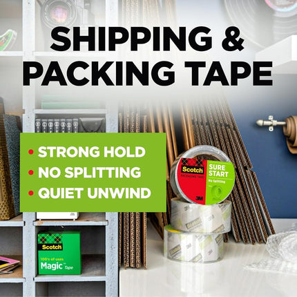 Scotch Sure Start Packing Tape, Clear, Holiday Wrapping Tape with Quiet Unwind and Easy Start, 1.88 in. x 25 yd., 6 Tape Rolls