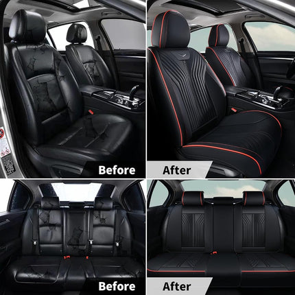 FLORICH Fundas de asiento automotriz Asientos delanteros Funda de asiento de coche impermeable Cojín de asiento de coche negro Protector de asiento de coche de cuero Ajuste universal para la mayoría de coches, camiones y SUV, línea negra y roja