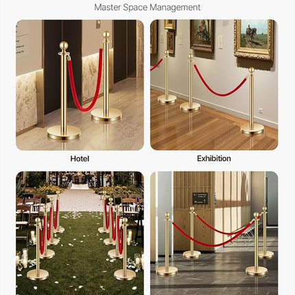 VEVOR Stanchion Post, 4 Pcs Crowd Control Barrier Set with 2 Red Velvet Ropes, 5 ft Stainless Steel Gold Stanchion Post Queue with Sand Injection Hollow Base for Theater, Party, Wedding, Exhibition