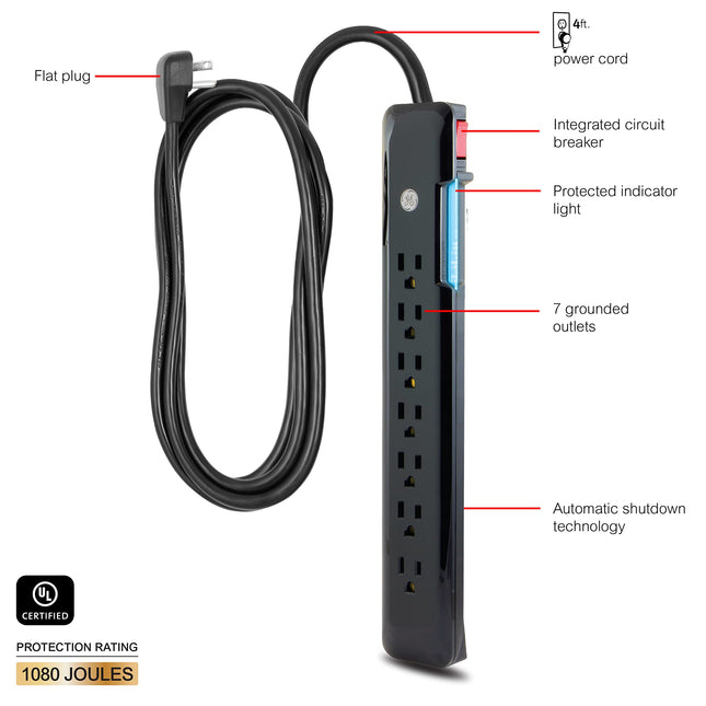 GE 7-Outlet Surge Protector, 4 Ft Power Cord, 1080 Joules, Flat Plug, Power Filter, Circuit Breaker, Warranty, UL Listed, Black, 34460