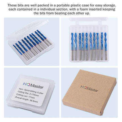 HQMaster 10PCS 1/8 17mm Carbide Flat Nose End Mill CNC Router Bits Double Flute Spiral Set Tool Nylon Resin ABS Acrylic PVC MDF Hardwood by HQMaster