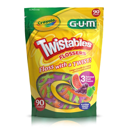 GUM Crayola Twistables Fil dentaire pour enfants avec fluorure – Conçu pour les petites mains – Trois saveurs de fruits amusantes – Flosseurs faciles à utiliser pour les enfants de 3 ans et plus, 90 unités (paquet de 4)