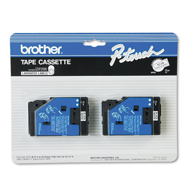 Brother Tc-20 0.47-Inch x 25.2 Ft. - Black On White Tape for Pt-6 8 10 12 15 20 150 170 2-Pack