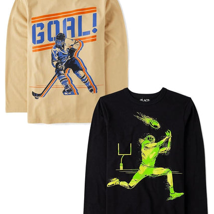 The Children's Place Garçons T-shirts graphiques de sport à manches longues, lots multiples, lot de 2 Hockey But/Football Néon, Medium
