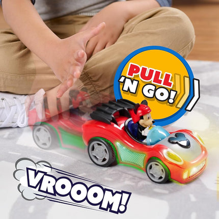 Just Play Mickey Mouse Rev 'n Go Vehicles with Lights and Sounds, Mickey's Car, Mickey Mouse Phrases, Toy for Fans, Boys, Kids Ages 3 and Up