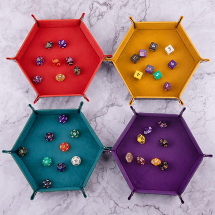 SIQUK 4 Pieces Dice Tray Set Foldable Dice Trays Hexagon Dice Rolling Tray PU Leather Dice Holder for Dice Games Like RPG, DND and Other Table Games(Orange, Yellow, Cyan, Violet)