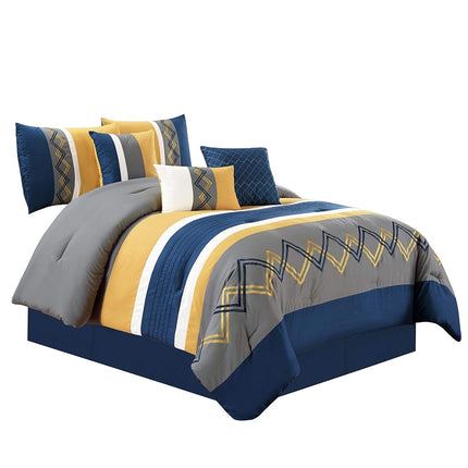 Chezmoi Collection Arden 7-Piece Modern Pleated Stripe Embroidered Zigzag Bedding Comforter Set (California King, Navy/Gray/Yellow/White)