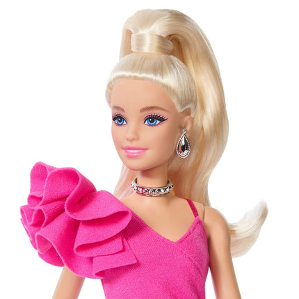 Barbie Deluxe Style Doll #15 in Hot Pink Barbiecore Dress, Blonde High Ponytail, Black Lace Tights, Silver Clutch, and Silver Jewelry, JJN73