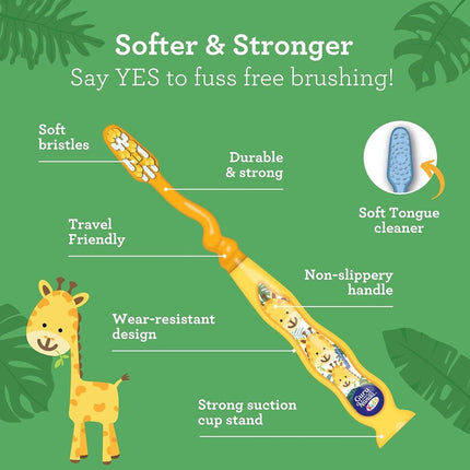 GuruNanda Kids Toothbrush with Suction Cup & Fun Animal Designs - Soft Bristles for Healthy Gums- Non-Slippery & Mess-Free Toothbrush, 3+ Age- 4 Count