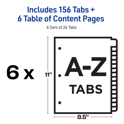 Avery A-Z Tab Dividers for 3 Ring Binders, Customizable Table of Contents, Multicolor Tabs, 6 Sets (11832)