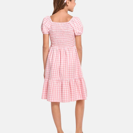 The Children's Place Girls' Short Sleeve Fashion Dress, Pink Gingham Puff Sleeve, X-Large