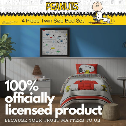 Franco Comforter and Sheet Set, Microfiber, Red-Peanuts-Snoopy, 4 Piece Twin Size