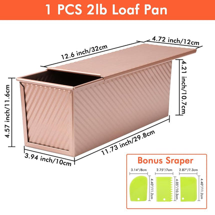 Beasea 2lb Pullman Loaf Pan with Lid, 1 Pack 12x4inch Large Bread Loaf Pans Carbon Steel Toast Box with Dough Scraper Set for Homemade Bread Bakeware Oven Baking - Rose Gold