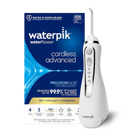 Waterpik Cordless Advanced Water Flosser For Teeth, Gums, Braces, Dental Care With Travel Bag and 4 Tips, ADA Accepted, Rechargeable, Portable, and Waterproof, White WP-560, 8 Piece Set