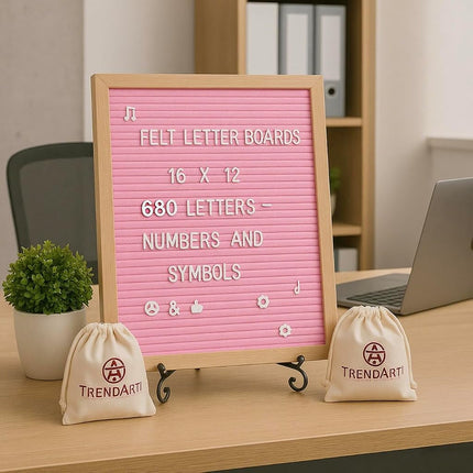 TrendArti Felt Letter Board - 680 Letters, Numbers & Symbols, 16 x 12 inch, Changeable Message Board for Notes & Announcements, Wood Frame, 2 Storage Bags, Light Brown Frame(Pink)
