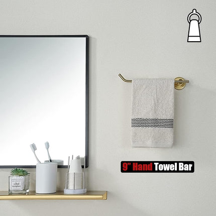 JQK Gold Hand Towel Bar, Stainless Steel Towel Ring for Bathroom, 9 Inch Necklace Holder Brushed Golden Wall Mount Left Hand, TR101-BG